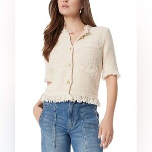 NWT Sam Edelman Ivy Fringe Trim Short Sleeve Button Up Cardigan Gardenia Sz M